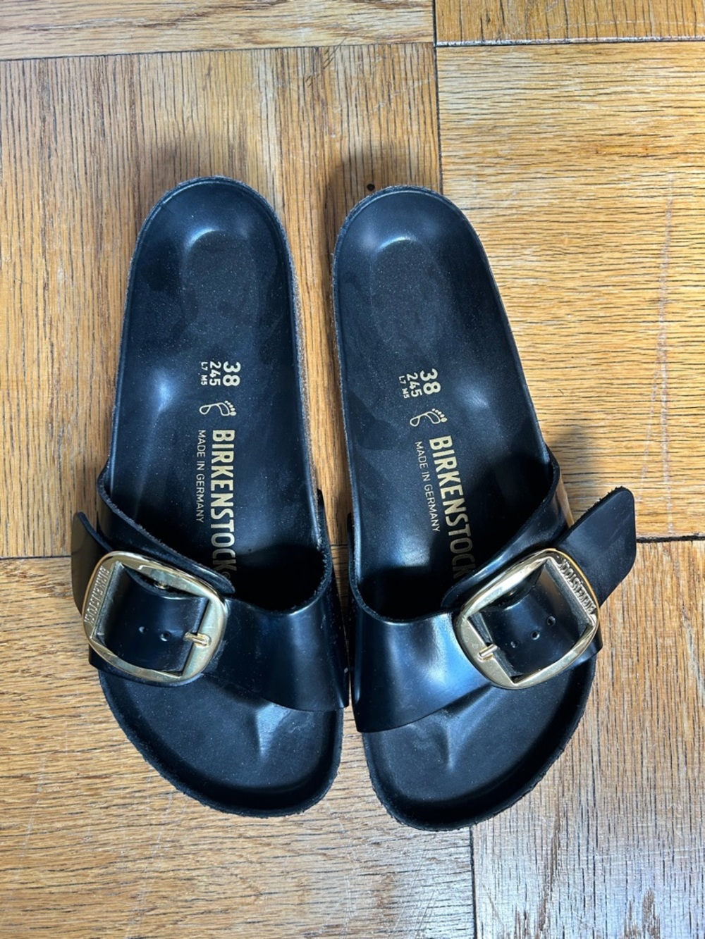 Birkenstock Black Madrid Single Strap Slides with Gold Buckles